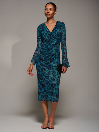 Ruffle V-Neckline Mesh Bodycon Midaxi Dress, Green Abstract