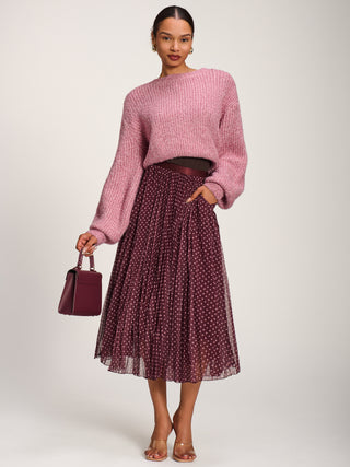 Print Crinkle Mesh Midi Skirt, Burgundy Spot