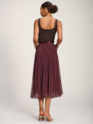 Print Crinkle Mesh Midi Skirt, Burgundy Spot