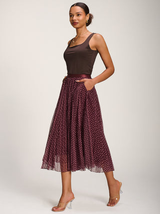 Print Crinkle Mesh Midi Skirt, Burgundy Spot