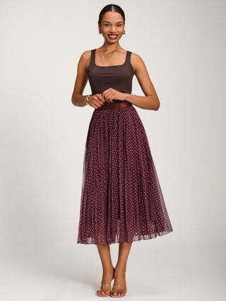 Print Crinkle Mesh Midi Skirt, Burgundy Spot