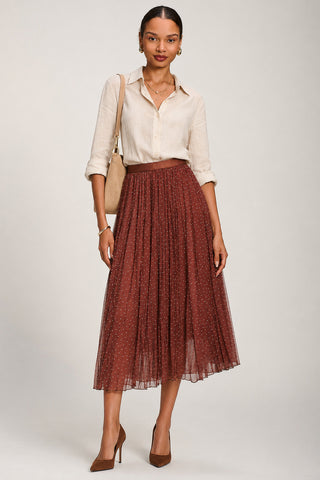 Print Crinkle Mesh Midi Skirt, Caramel Spot