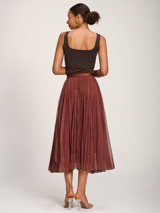 Print Crinkle Mesh Midi Skirt, Caramel Spot