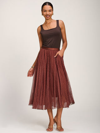 Print Crinkle Mesh Midi Skirt, Caramel Spot