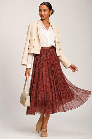 Print Crinkle Mesh Midi Skirt, Caramel Spot