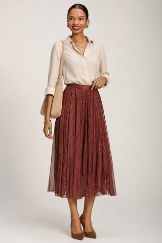 Print Crinkle Mesh Midi Skirt, Caramel Spot