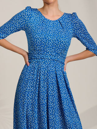 Sleeve Printed Jersey Midi Dress, Blue Ditsy