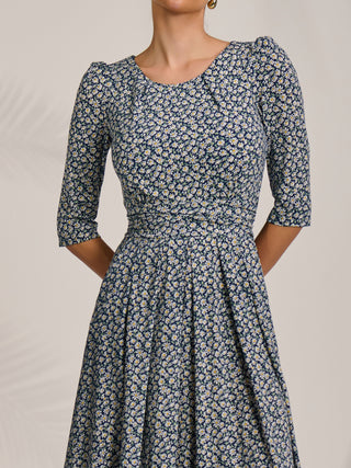 Sleeve Printed Jersey Midi Dress, Navy Ditsy