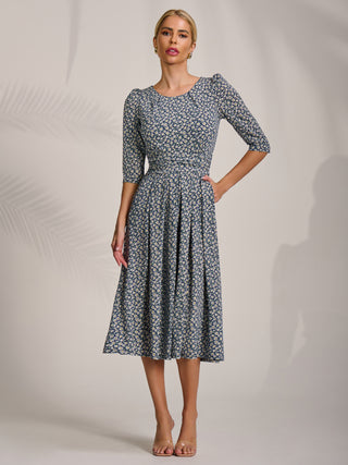 Sleeve Printed Jersey Midi Dress, Navy Ditsy