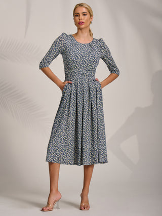 Sleeve Printed Jersey Midi Dress, Navy Ditsy