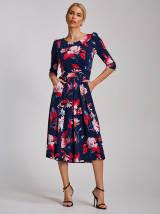 Sleeve Printed Jersey Midi Dress, Navy Floral