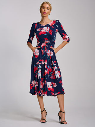 Sleeve Printed Jersey Midi Dress, Navy Floral