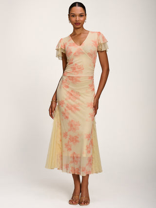Lace Insert Mesh Midi Dress, Orange Abstract