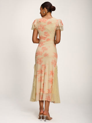 Lace Insert Mesh Midi Dress, Orange Abstract