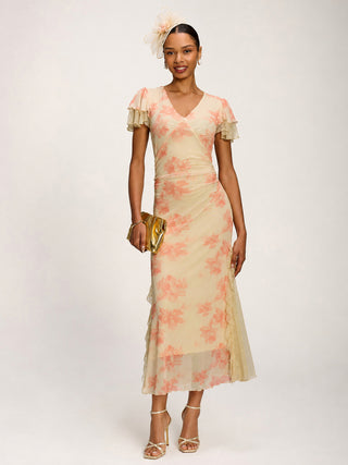 Lace Insert Mesh Midi Dress, Orange Abstract