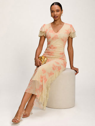 Lace Insert Mesh Midi Dress, Orange Abstract