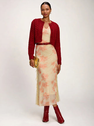 Lace Insert Mesh Midi Dress, Orange Abstract