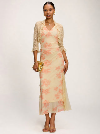 Lace Insert Mesh Midi Dress, Orange Abstract