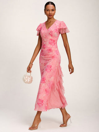 Lace Insert Mesh Midi Dress, Pink Abstract