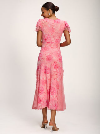 Lace Insert Mesh Midi Dress, Pink Abstract