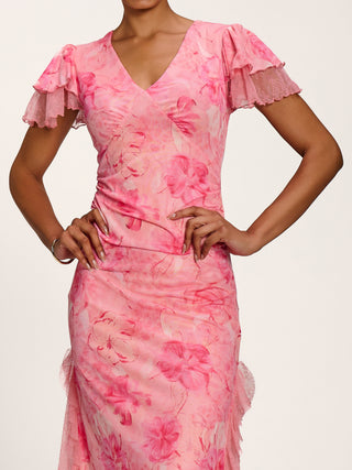 Lace Insert Mesh Midi Dress, Pink Abstract