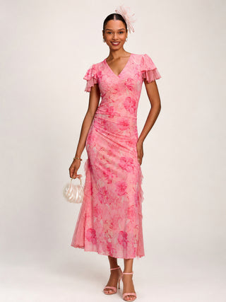 Lace Insert Mesh Midi Dress, Pink Abstract