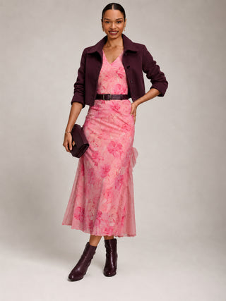 Lace Insert Mesh Midi Dress, Pink Abstract