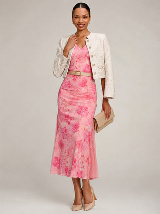 Lace Insert Mesh Midi Dress, Pink Abstract