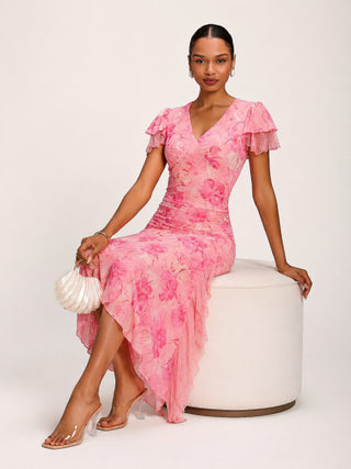 Lace Insert Mesh Midi Dress, Pink Abstract