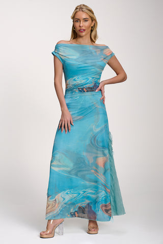 Lace Insert Ruched Mesh Maxi Dress, Blue Abstract