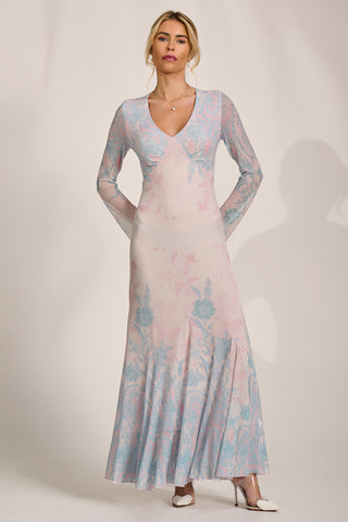 Long Sleeve Godet Mesh Maxi Dress, Blue Multi