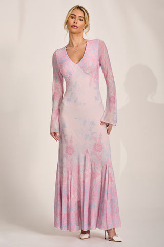 Long Sleeve Godet Mesh Maxi Dress, Pink Multi