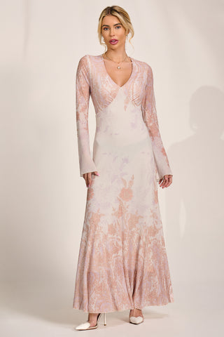 Long Sleeve Godet Mesh Maxi Dress, Taupe Multi