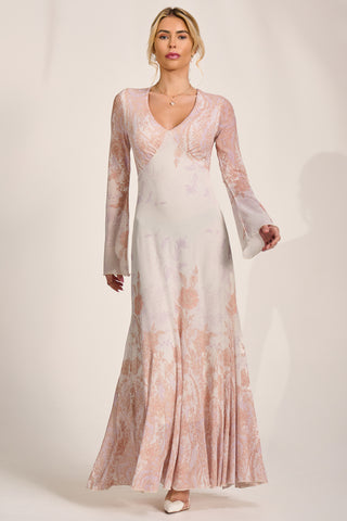 Long Sleeve Godet Mesh Maxi Dress, Taupe Multi
