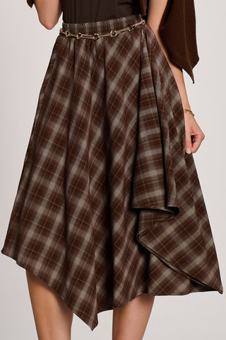Check Asymmetric Woven Midi Skirt, Brown Check