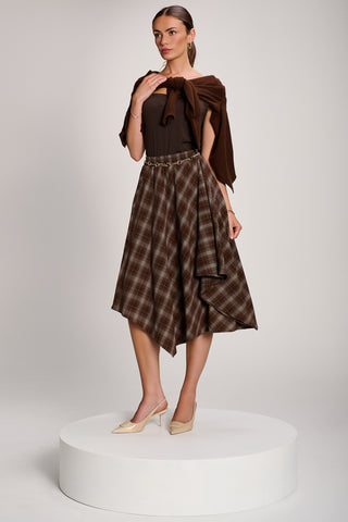Check Asymmetric Woven Midi Skirt, Brown Check