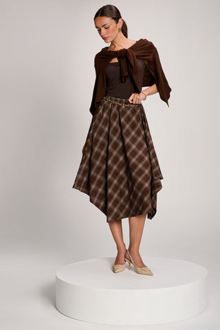 Check Asymmetric Woven Midi Skirt, Brown Check