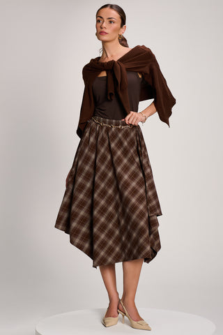 Check Asymmetric Woven Midi Skirt, Brown Check