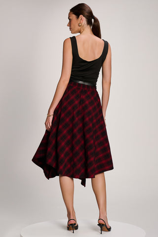 Check Asymmetric Woven Midi Skirt, Red Check
