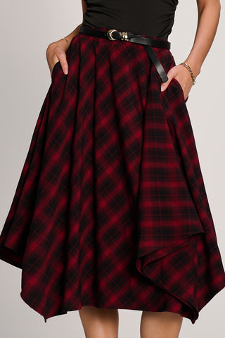 Check Asymmetric Woven Midi Skirt, Red Check