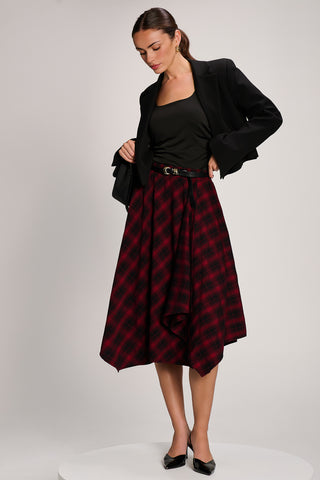 Check Asymmetric Woven Midi Skirt, Red Check