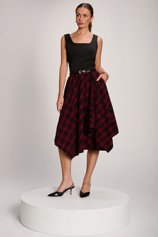 Check Asymmetric Woven Midi Skirt, Red Check