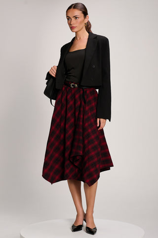 Check Asymmetric Woven Midi Skirt, Red Check