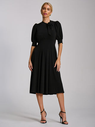 Tie Neck Puffy Sleeve Jersey Midi Dress, Black