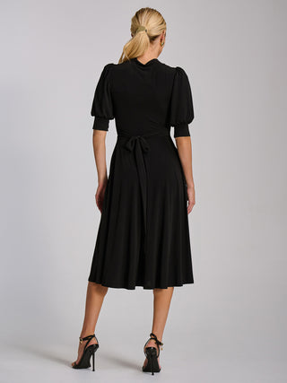 Tie Neck Puffy Sleeve Jersey Midi Dress, Black