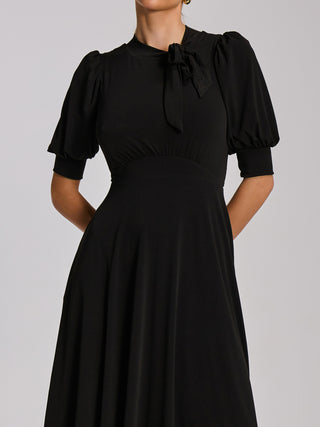 Tie Neck Puffy Sleeve Jersey Midi Dress, Black