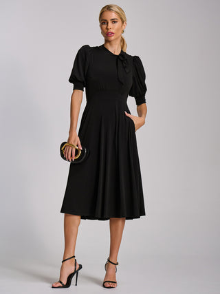 Tie Neck Puffy Sleeve Jersey Midi Dress, Black