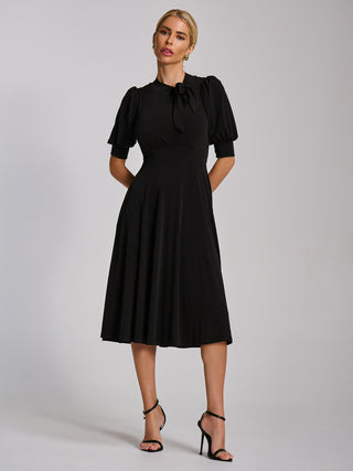 Tie Neck Puffy Sleeve Jersey Midi Dress, Black