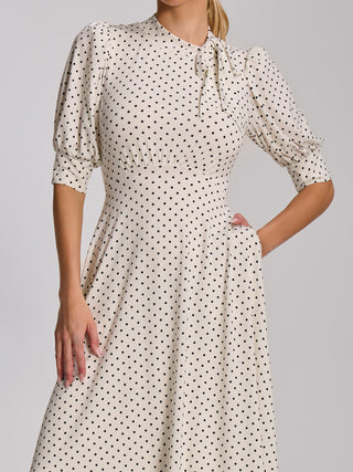 Tie Neck Puffy Sleeve Jersey Midi Dress, White Polka Dot