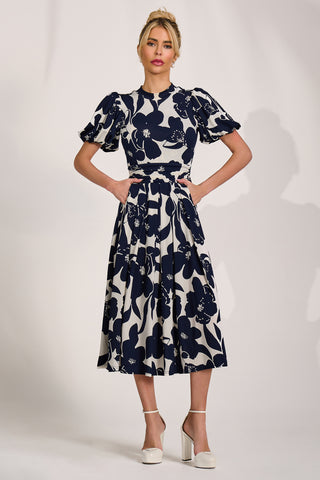 Turtle Neck Puff Sleeve Jersey Midi Dress, Cream Floral